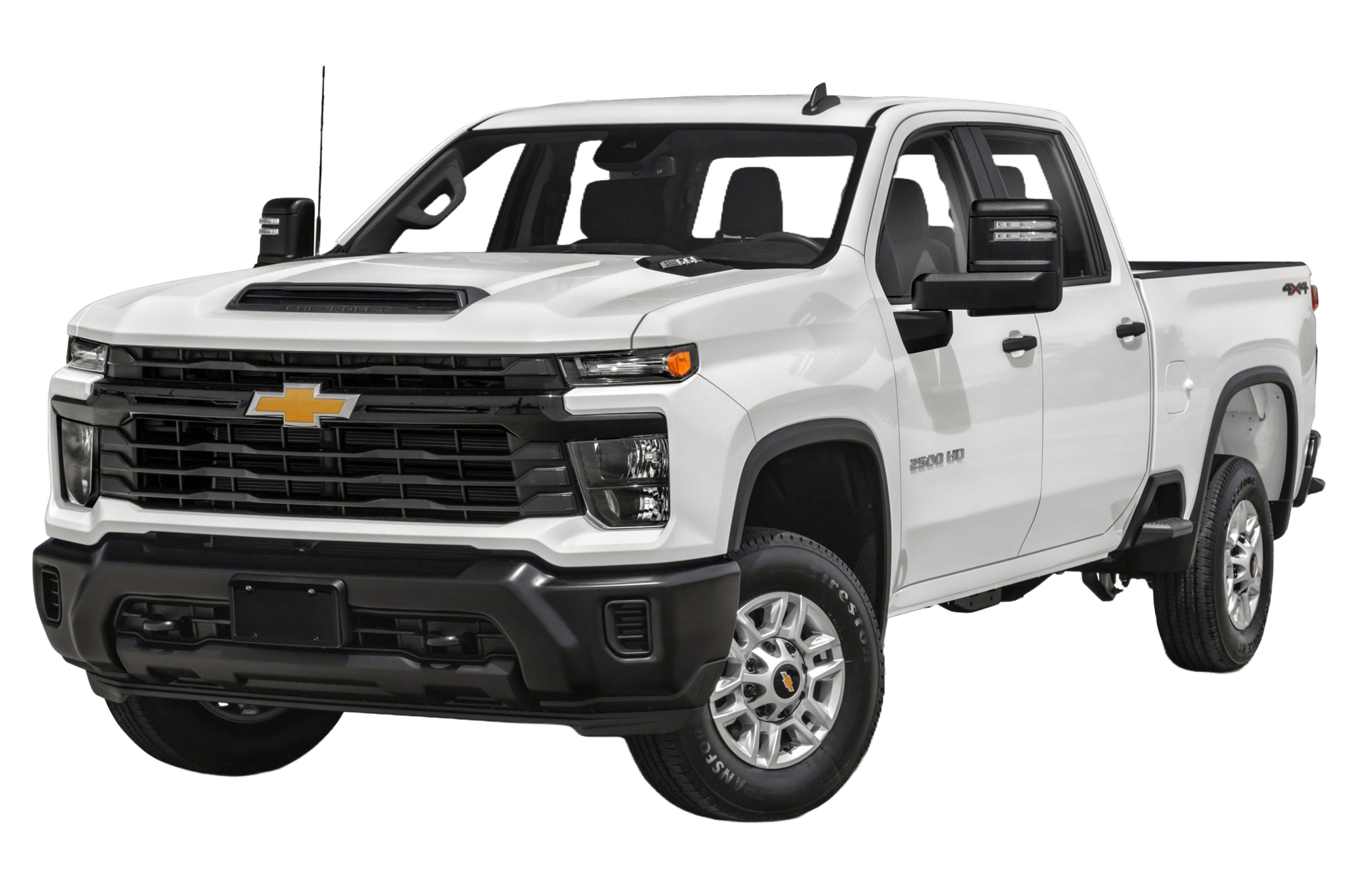 White Chevrolet Silverado HD pickup truck, front and side view, isolated on a white background.