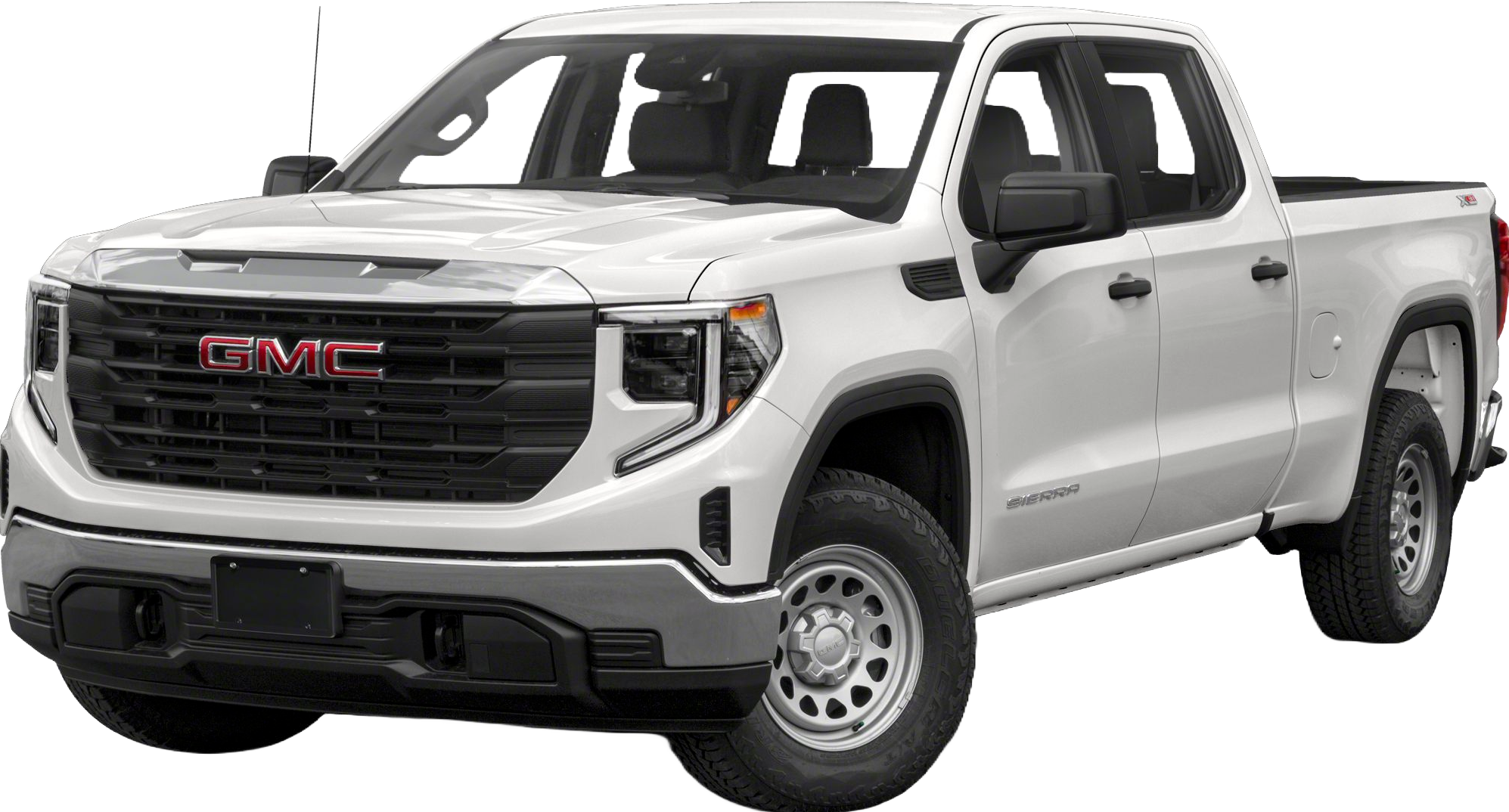 White GMC pickup truck, front and side view, with chrome accents and black grille.