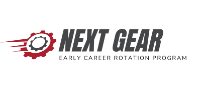 Logo with a red gear icon and text: "NEXT GEAR - EARLY CAREER ROTATION PROGRAM".