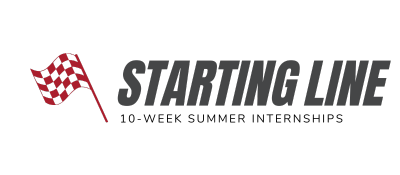Red checkered flag and "STARTING LINE" text on a black background.
